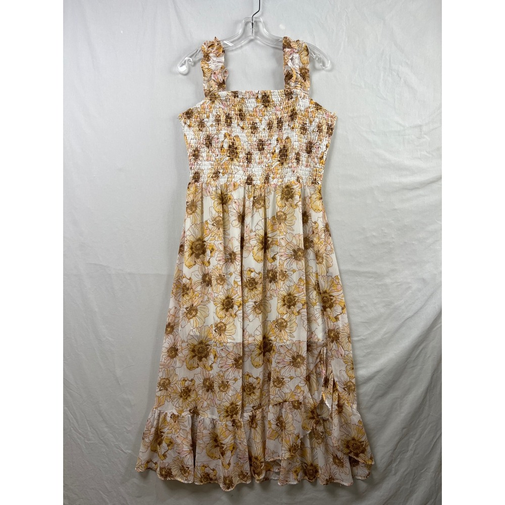Maurices Floral Maxi Dress Womens Large Yellow Sunflowers 3Smocked Ruffle Boho